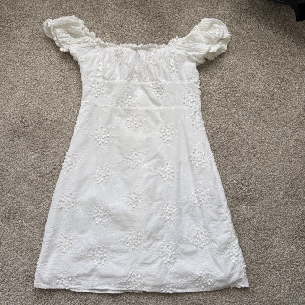 O.P.T Women's White Cotton Babydoll Milkmaid Eyelet Summer Dress Small Romantic - Picture 10 of 16